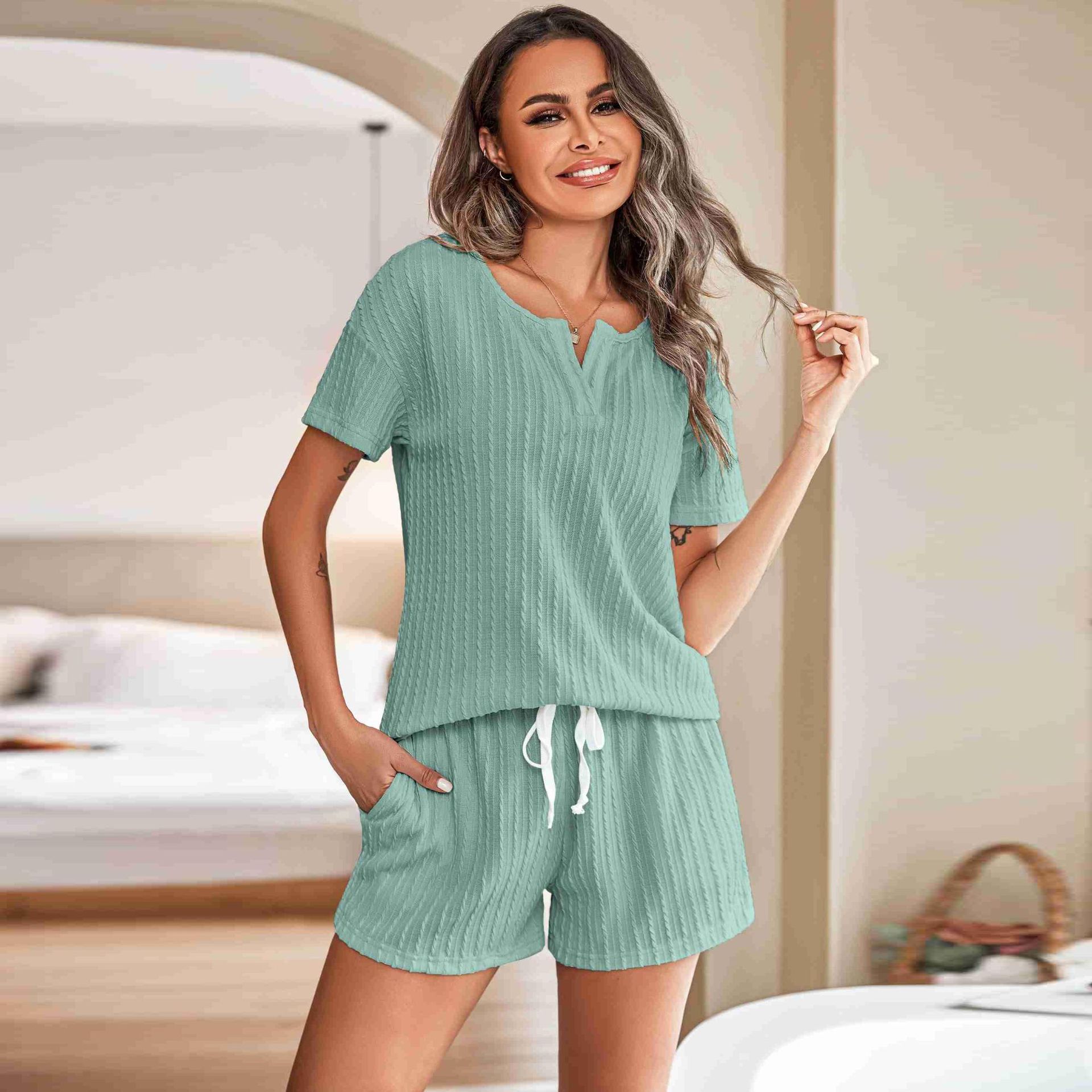 Womens Cable Knit Romper With Short Sleeve And Drawstring Waist